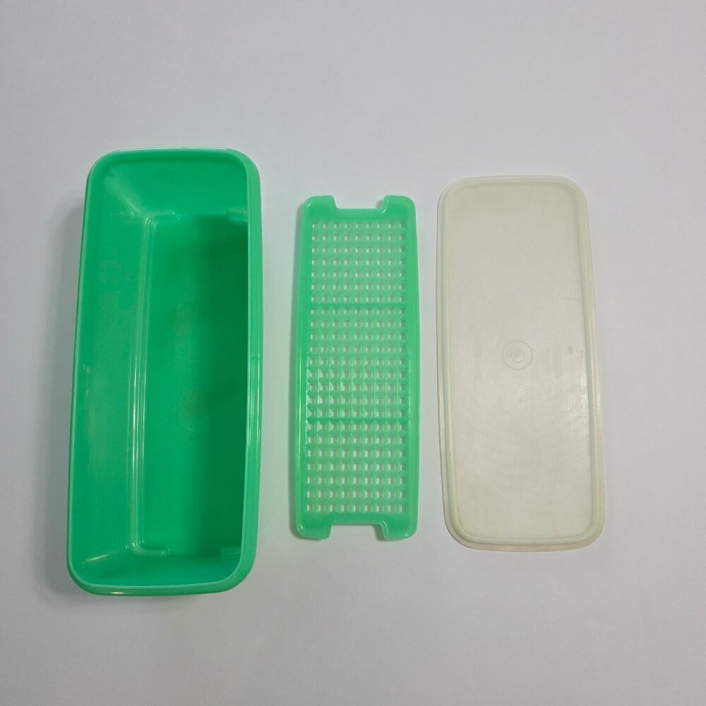 Tupperware Vegetable Strainer / Colander with Lid, Green, Vintage, 3 Piece Set